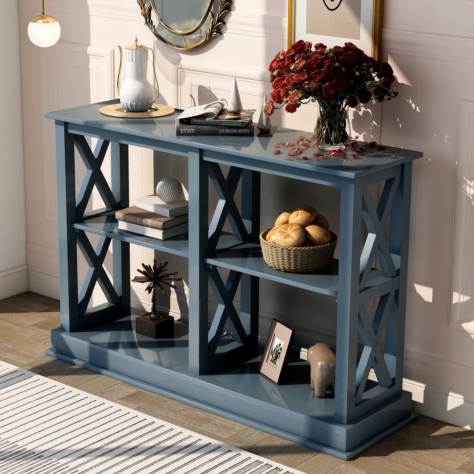 Navy Blue Wooden Entryway Console Table with 3-Tier Shelves