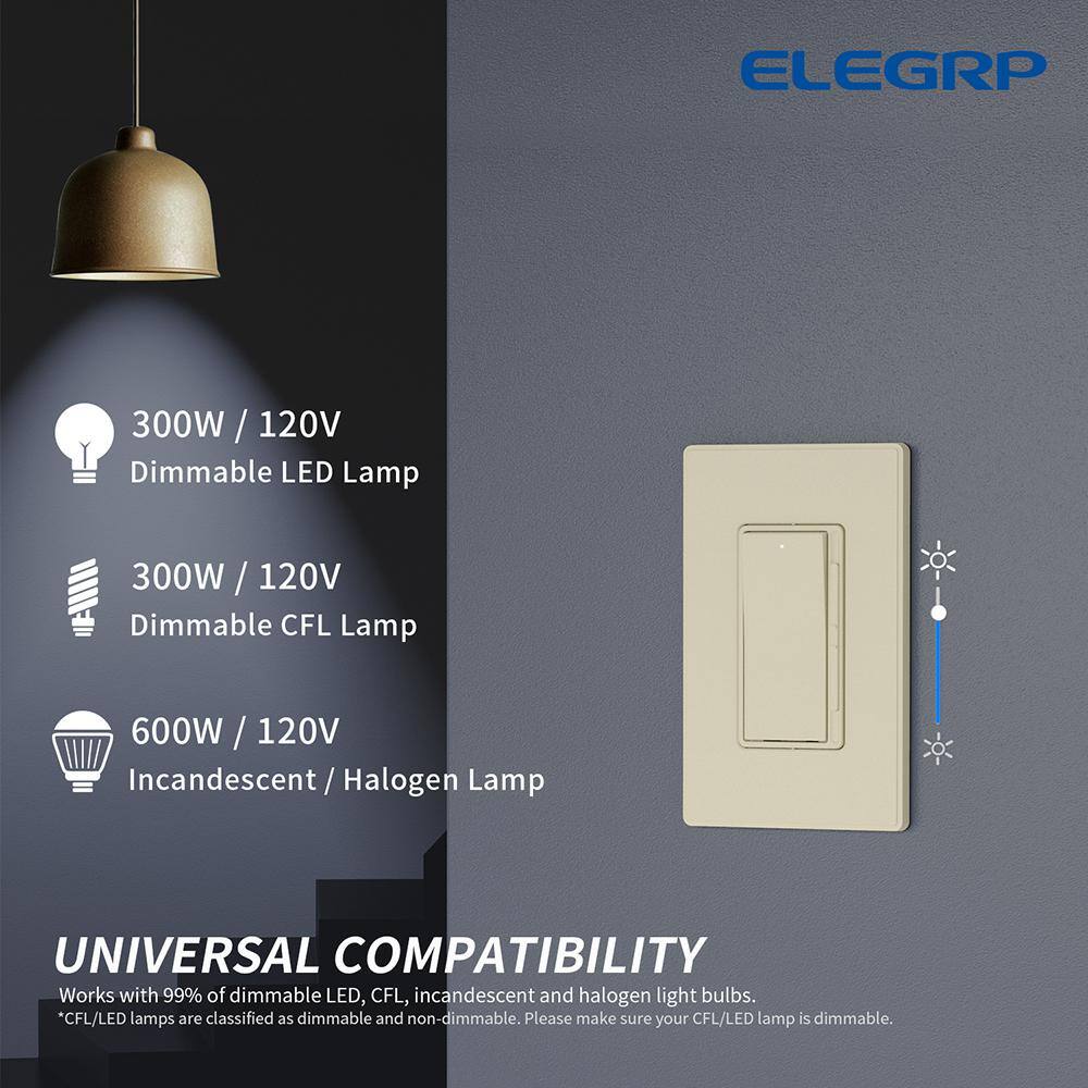 ELEGRP Slide 300-Watt Single Pole 3-Way Dimmer Rocker Paddle Wall Plate Included Light Almond (2-Pack) DM19-LA2