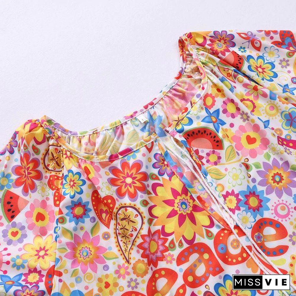 Summer Women Boho Floral Long Sleeve Dress Holiday Beach Shirt Dress Ladies Print Mini Dress Plus Size S-5XL