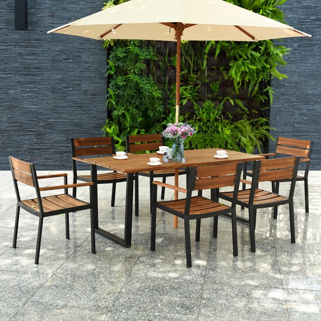 Costway 7pcs Patented Patio Dining Chair Table Set Acacia Wood Backyard W umbrella Hole