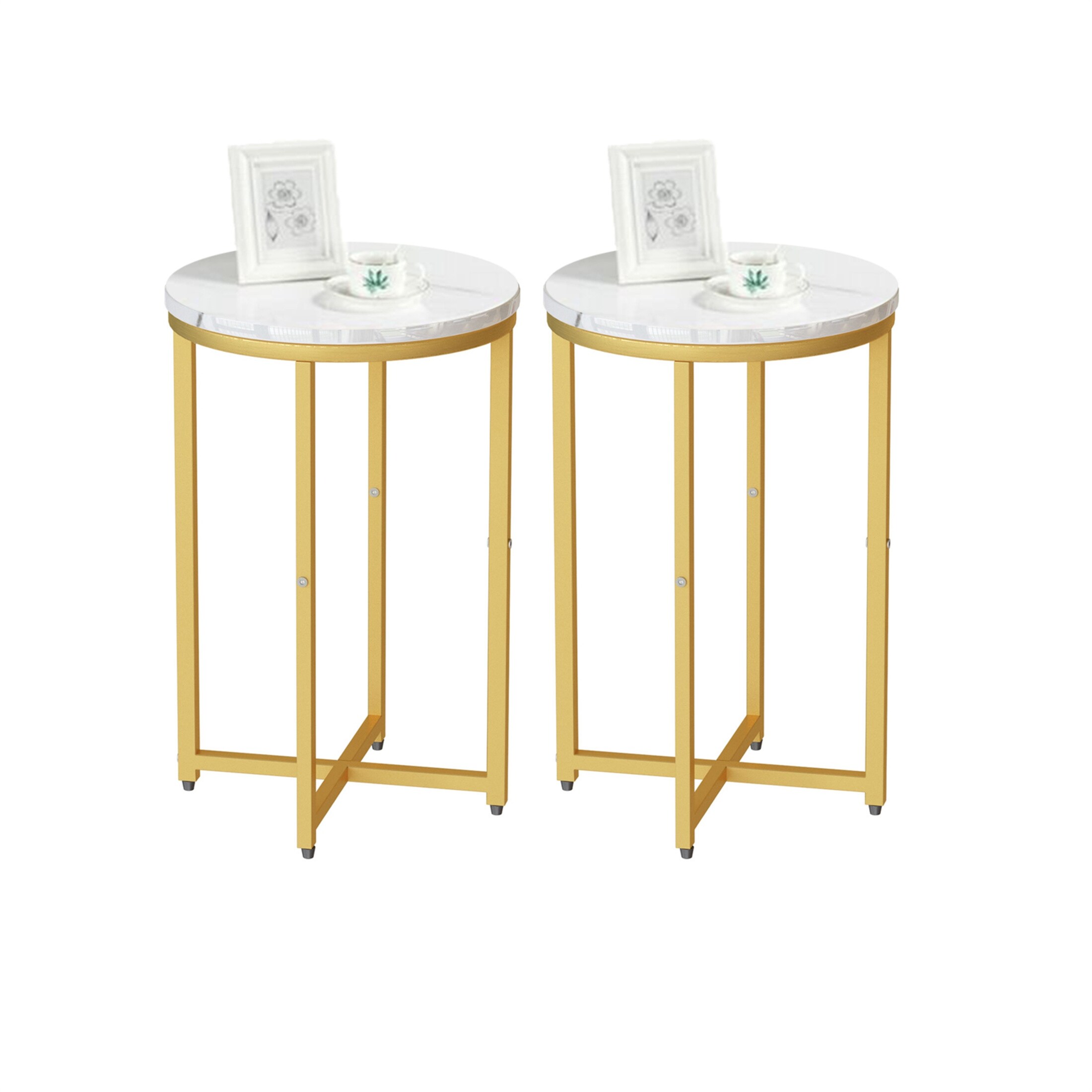 2Pcs End Side Table， Small Sofa Table with Faux Marble Top and Metal Leg