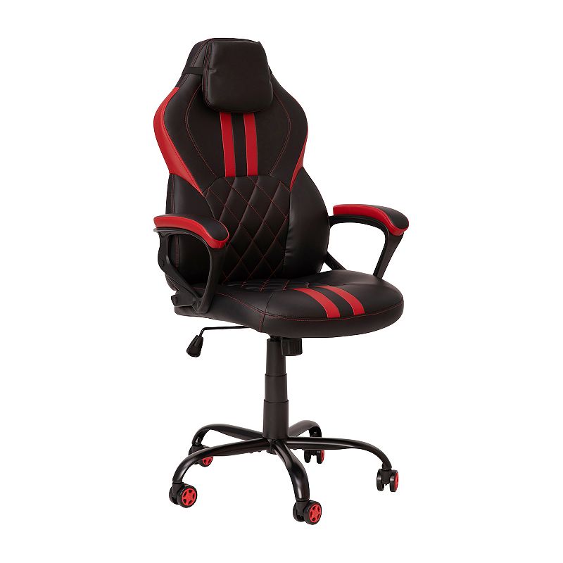 Emma and Oliver Ergonomic High Back Swivel Gaming Chair with Diamond Stitch Black Faux Leather Upholstery with Red Accent Stripes， Padded Arms