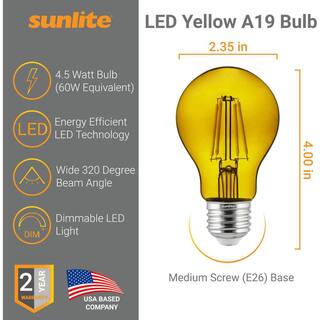 Sunlite 60-Watt Equivalent A19 Medium E26 Base Dimmable Transparent Filament Yellow LED Light Bulb (2-Pack) HD03464-1