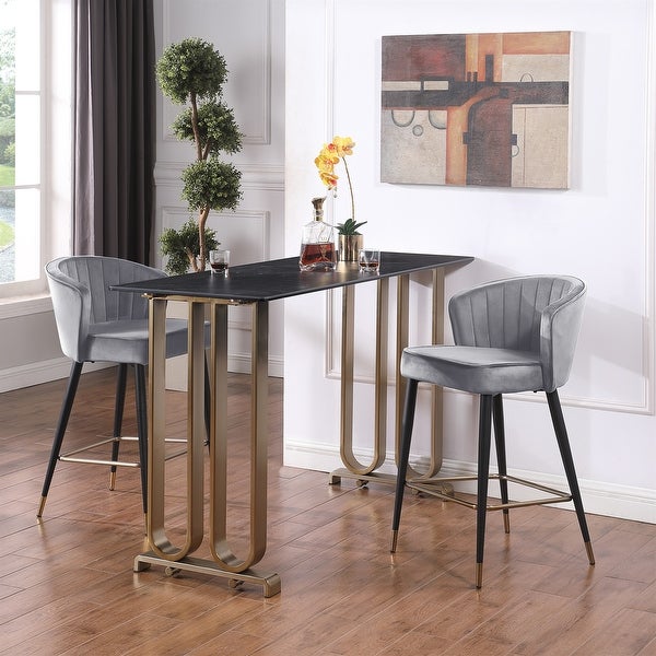 Velvet Upholstered Bar Stool Tufting Tipped Black Metal Leg (Set of 2)