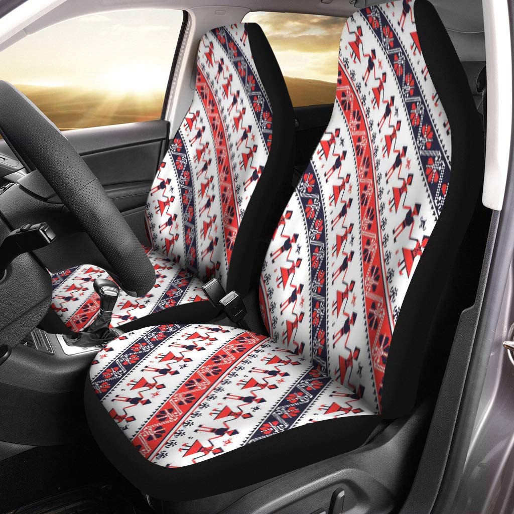 FMSHPON Set of 2 Car Seat Covers Red Abstract Traditional Romanian Pattern Artistic Borders Carpet Costume Universal Auto Front Seats Protector Fits for Car，SUV Sedan，Truck