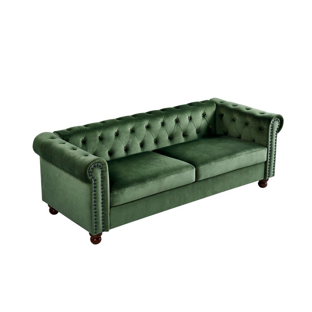 Modern Tufted Fabric Sofa Velvet Upholstered Couch High Tech Fabric for Living Room Sofa with Nailheads Arms and Wood Legs