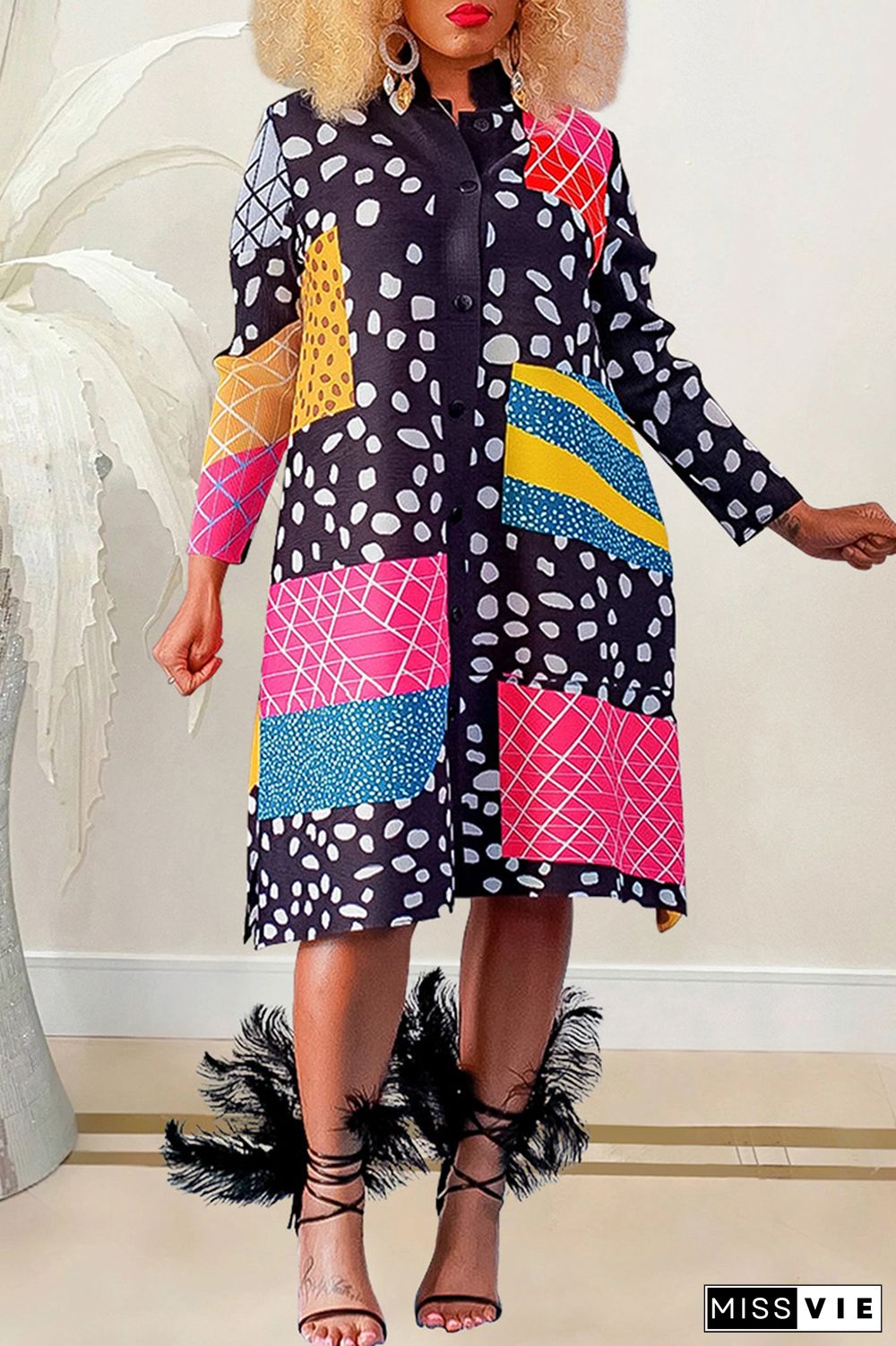 Yellow Casual Print Patchwork Mandarin Collar Long Sleeve Dresses