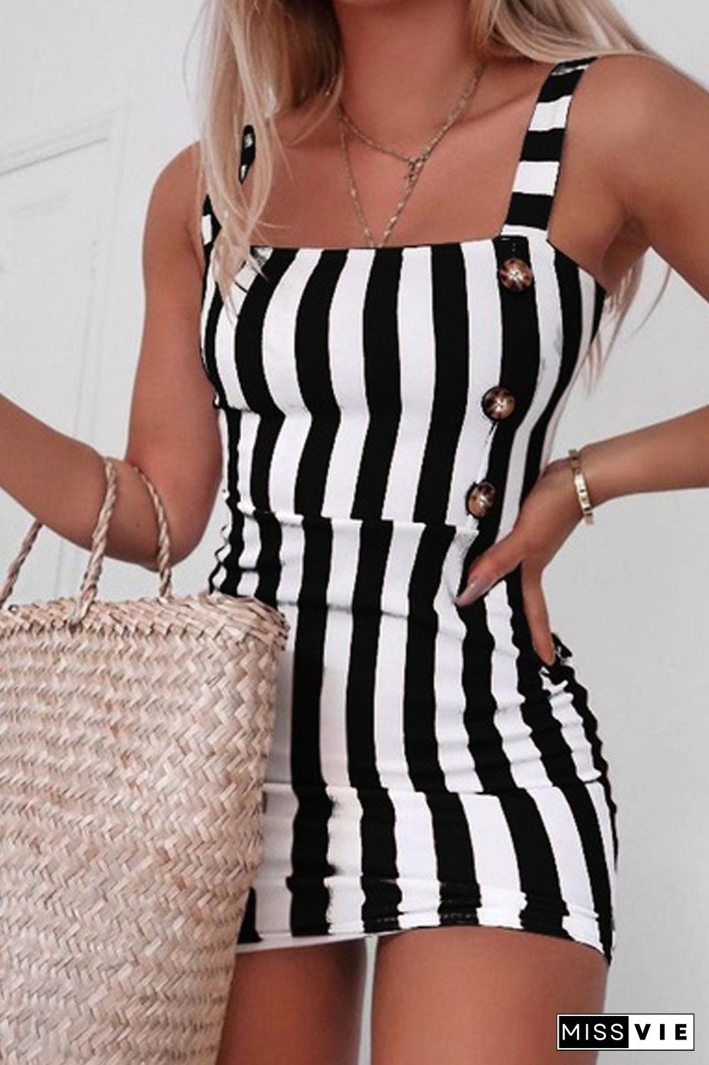 Halter Striped Print Button Mini Dress