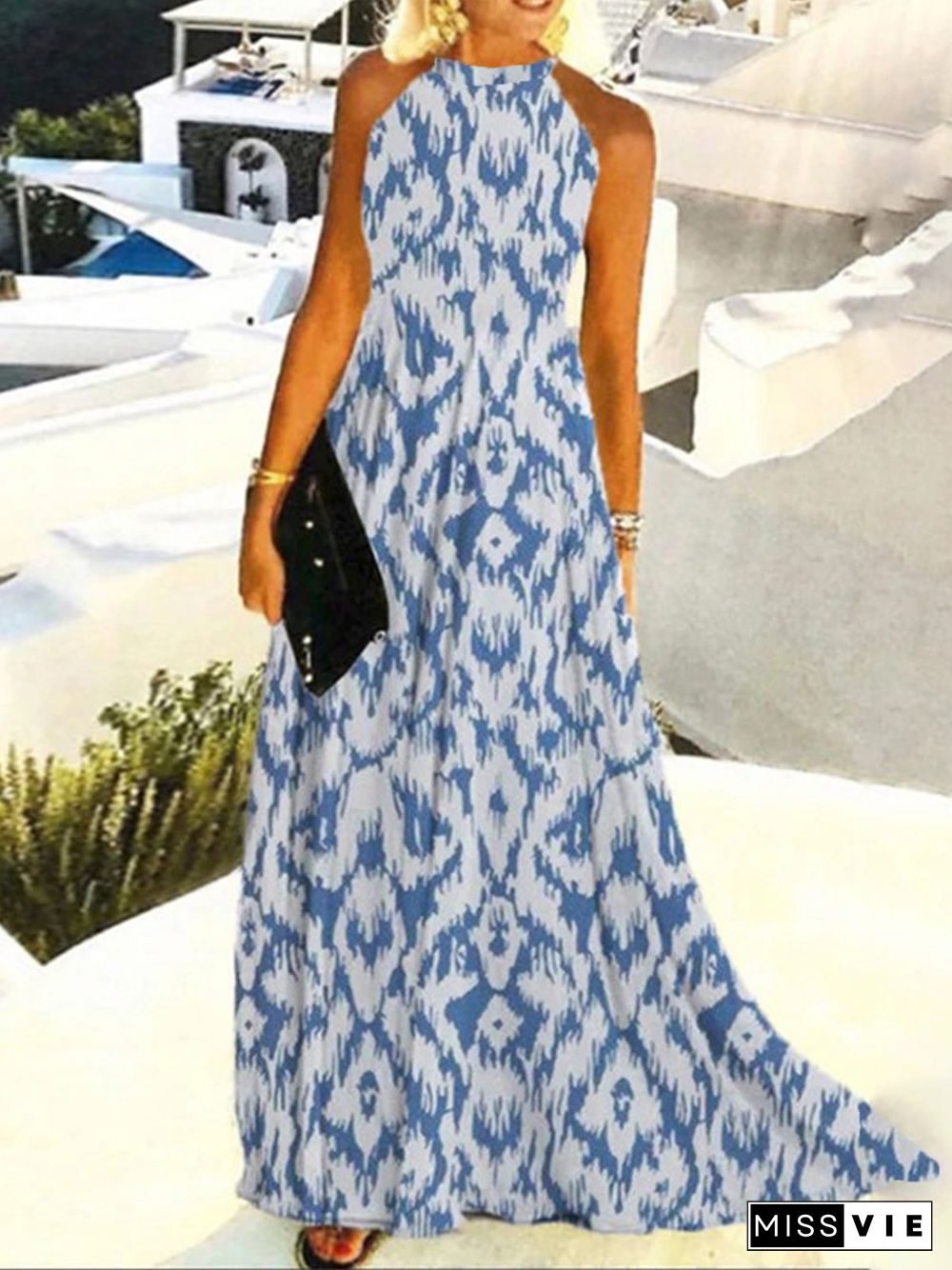 Ethnic Cold Shoulder Boho Vacation Loose A-Line Maxi Dresses