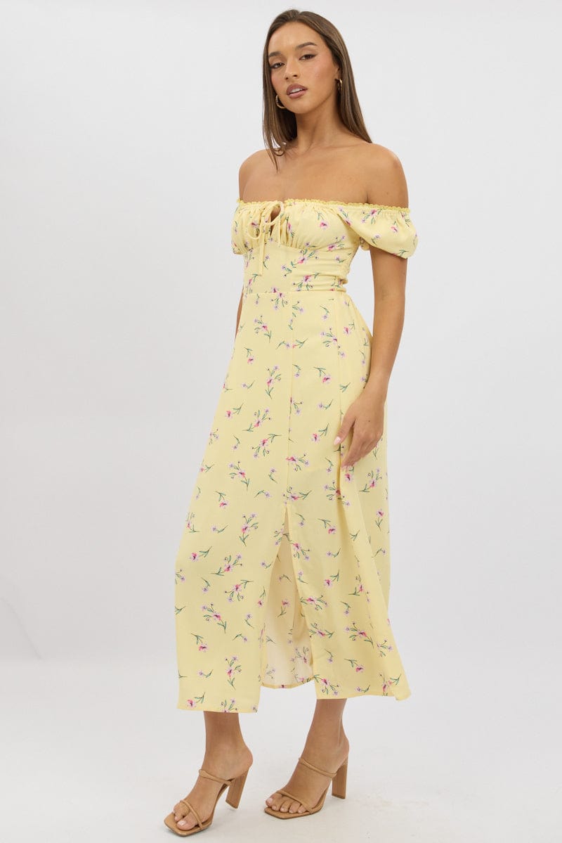 Yellow Floral Midi Dress Ruched Bust