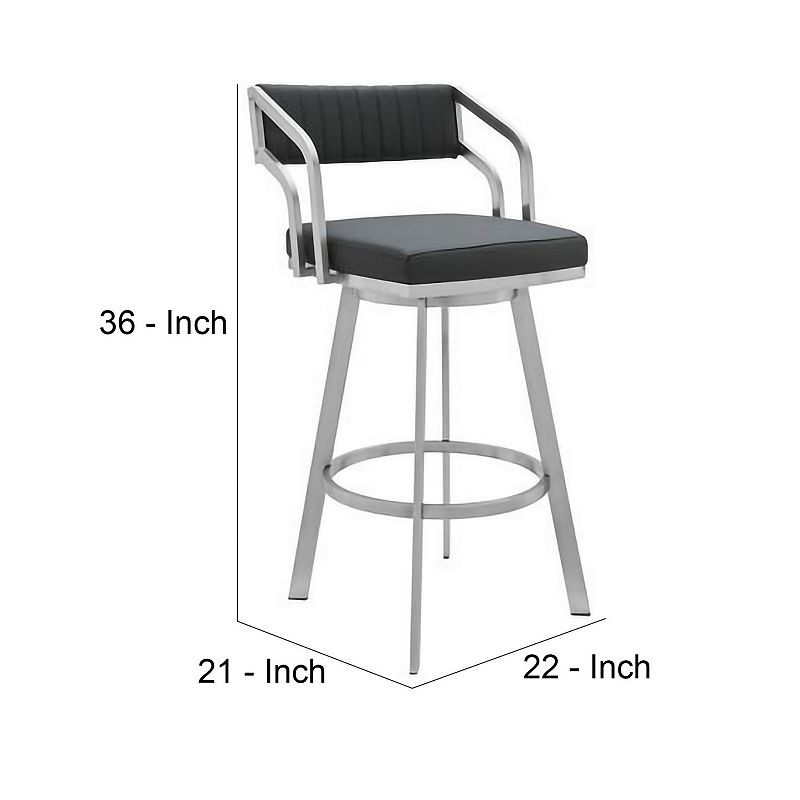 26 Inch Metal Barstool with Leatherette Channel Stitching， Gray