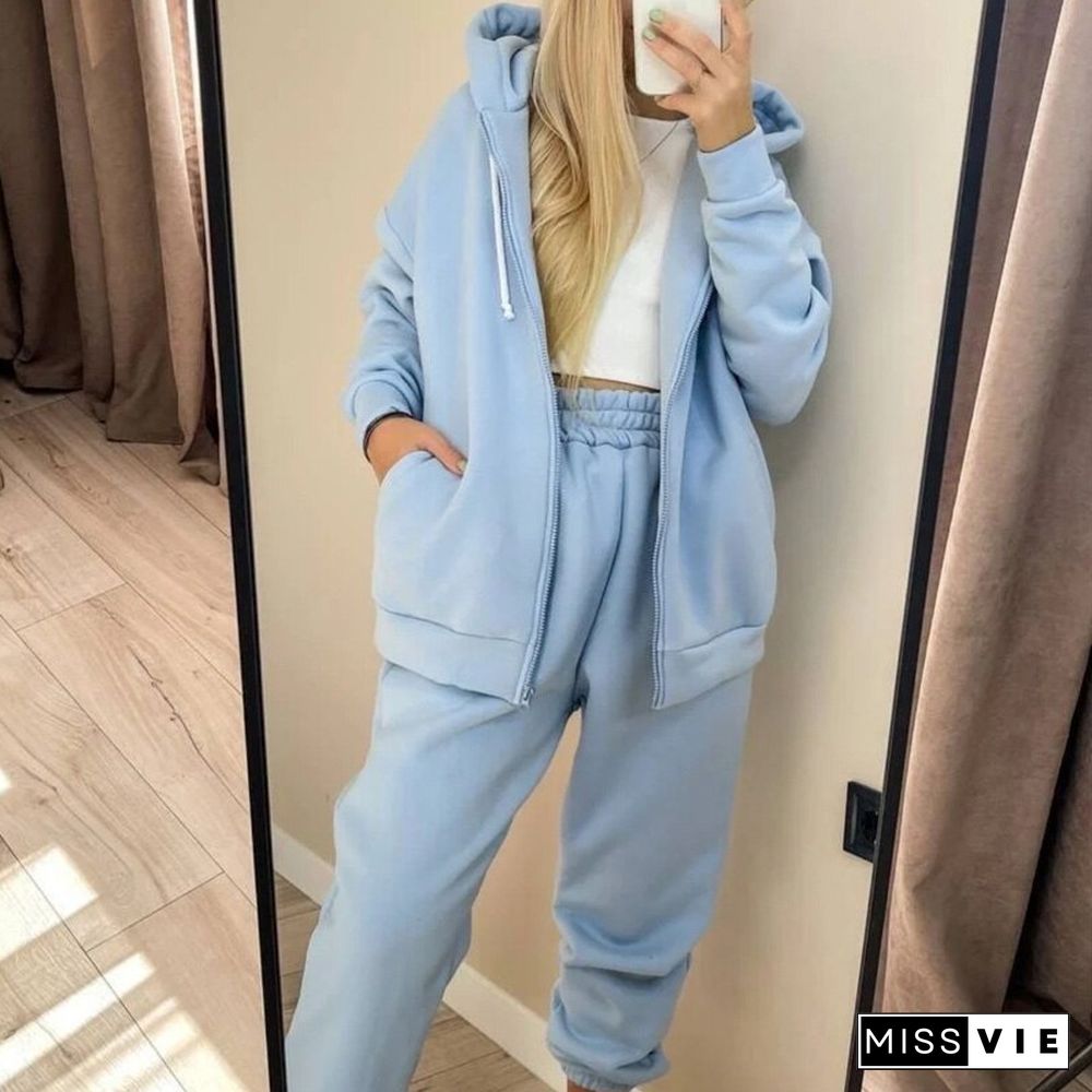 Casual Sports Women 2 Piece Sets Autumn Fashion Long Sleeve Zipper Hoodies Coats And Pants Set Loose Solid Color Ladies Suit New