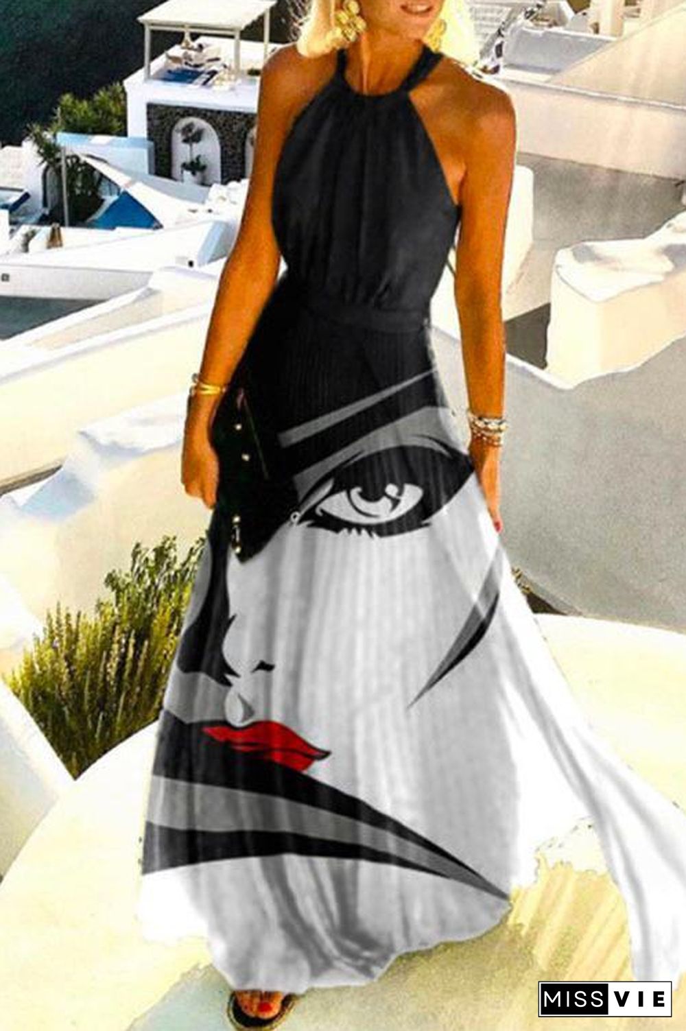 Sleeveless Halter Abstract Printed Pleated Maxi Dress