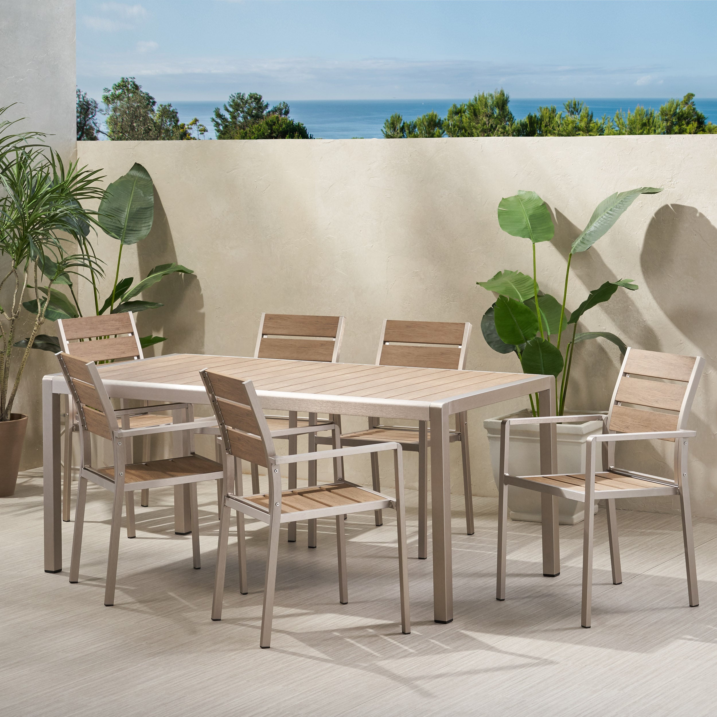 Cherie Outdoor Modern Aluminum and Faux Wood 6 Seater Dining Set