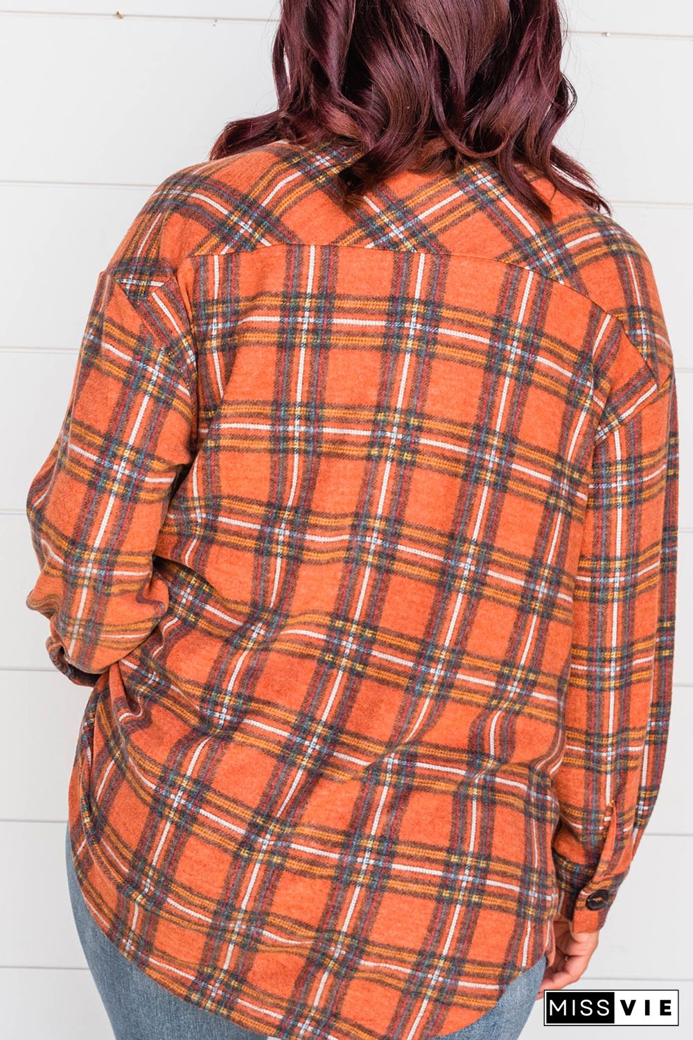 Orange Plus Size Plaid Pocketed Long Sleeve Shirt