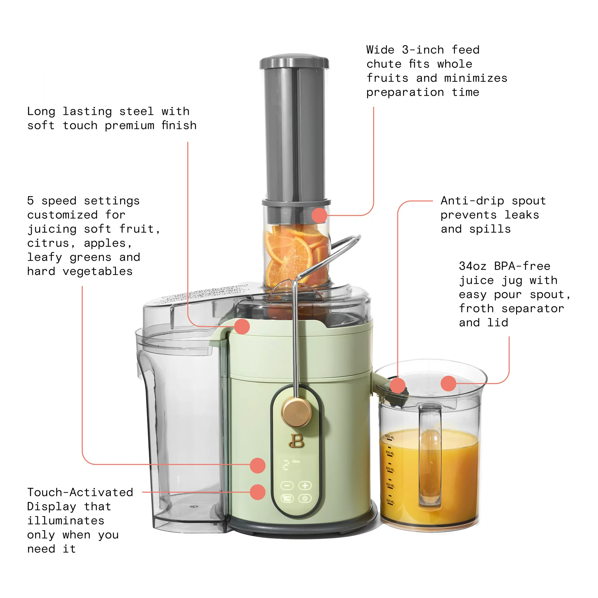 Beautiful 5-Speed Juice Extractor with Touch Activated Display， Sage Green， by Drew Barrymore