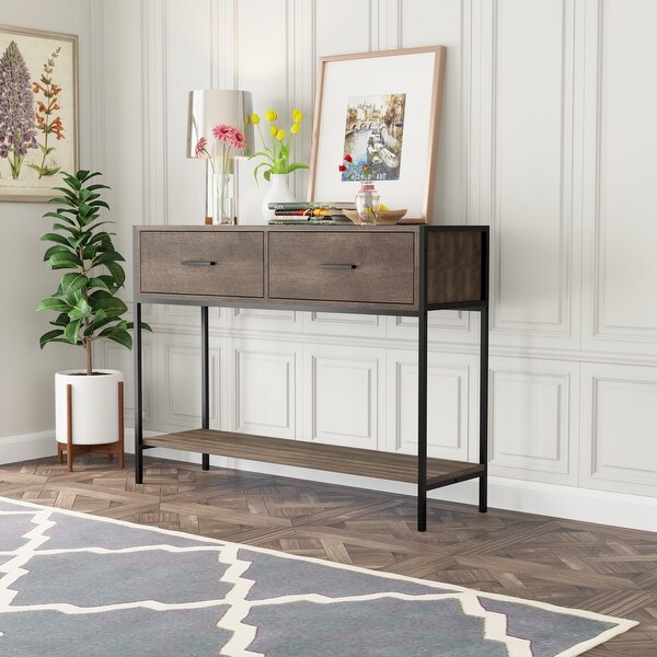 Classic Console Table with Two Top Drawers and Open Shelf，Vintage Storage with Sturdy Metal Frame