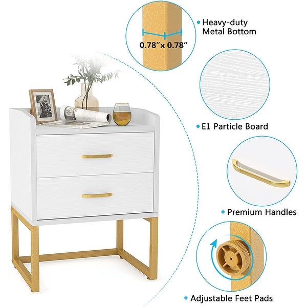 White and Gold Nightstand Bedside Table with 2 Drawers