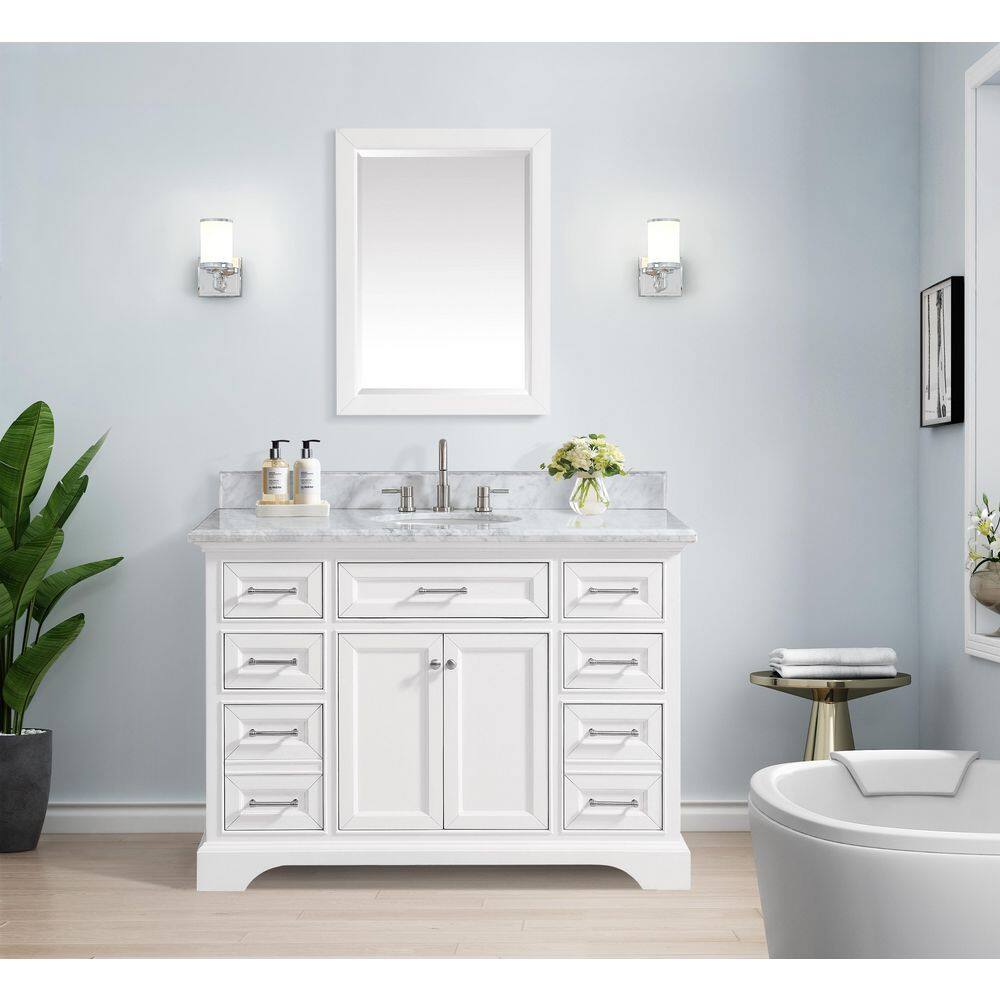 Home Decorators Collection Windlowe 49 in. W x 22 in. D x 35 in. H Freestanding Bath Vanity in White with Carrara White Marble Top 15101-VS49C-WT