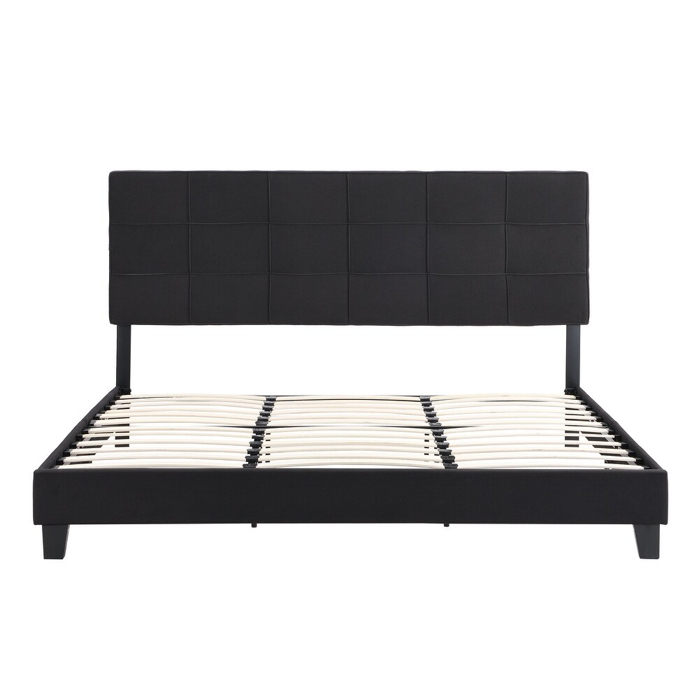 King Size Upholstered Platform Bed Frame with Linen Fabric Headboard