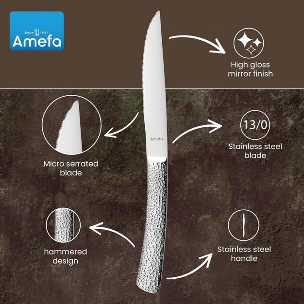 Amefa Bongo Steak Knives Set Of 6 Premium Hardened Stainless Steel Hammered Ergonomic Handle Design Micro Serrated Edge 4 Inch Blade Steak Knife