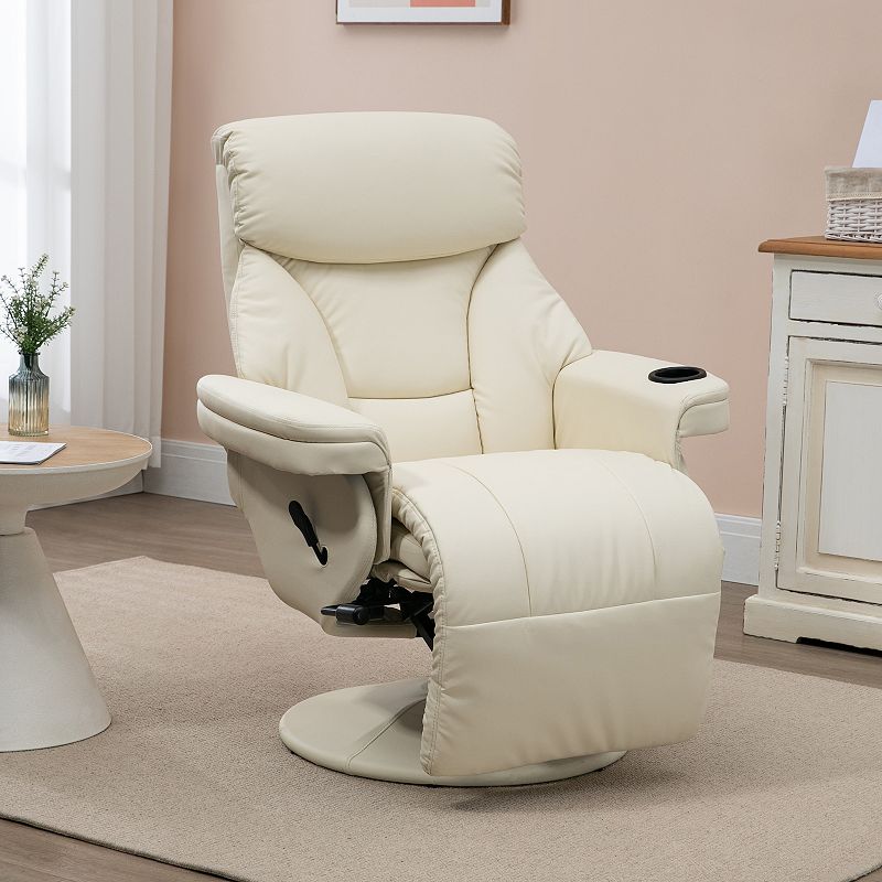 HOMCOM Manual Recliner， Swivel Lounge Armchair with Side Pocket， Footrest and Cup Holder for Living Room， Cream White