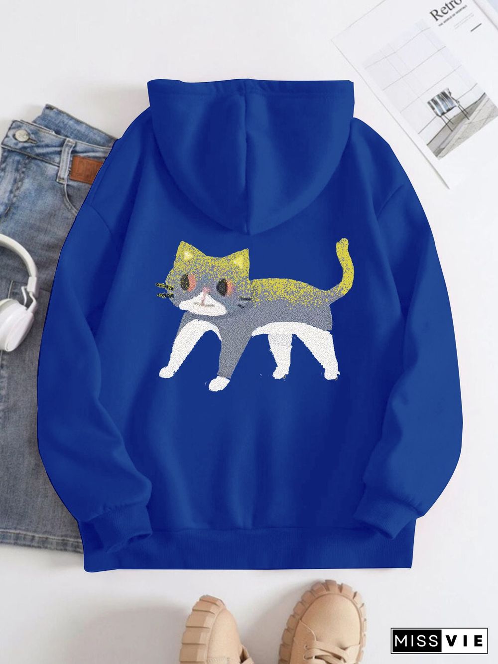 Printed on the Back Kangaroo Pocket Hoodie Long Sleeve for Women Pattern Cat