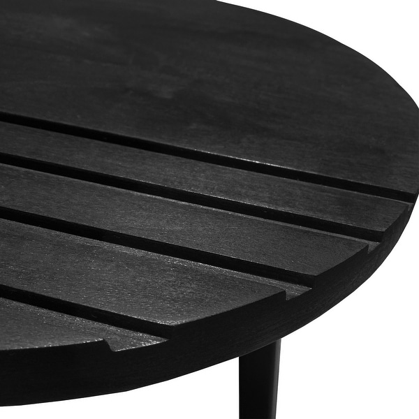 18 Inch Grooved Design Black Round Wood Side Table with Metal Legs