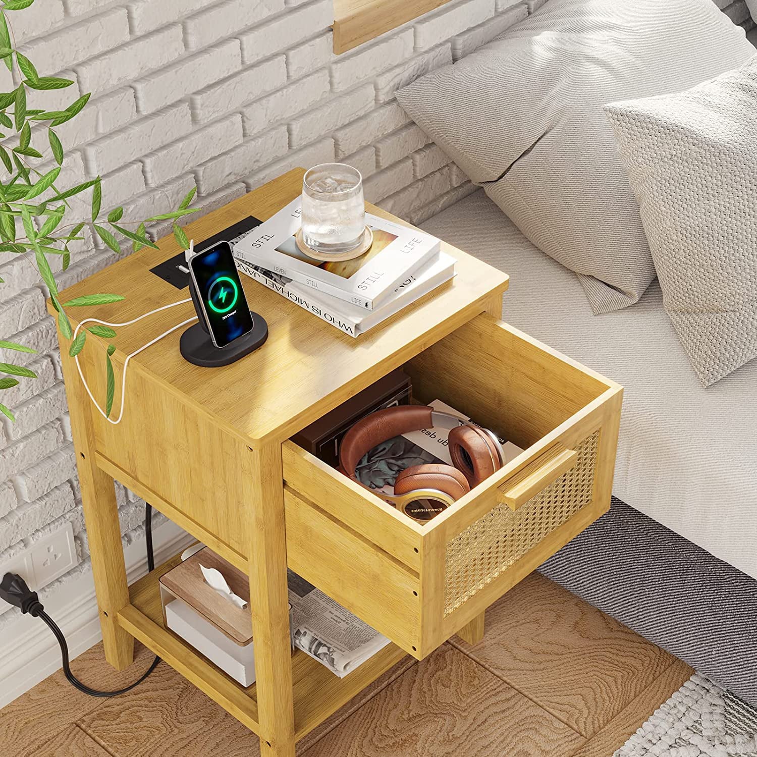 EPHEX Nightstands Set of 2, Rattan Nightstands with Charging Station and Drawer, Solid Wood Bedside Tables with Open Shelf, Bamboo