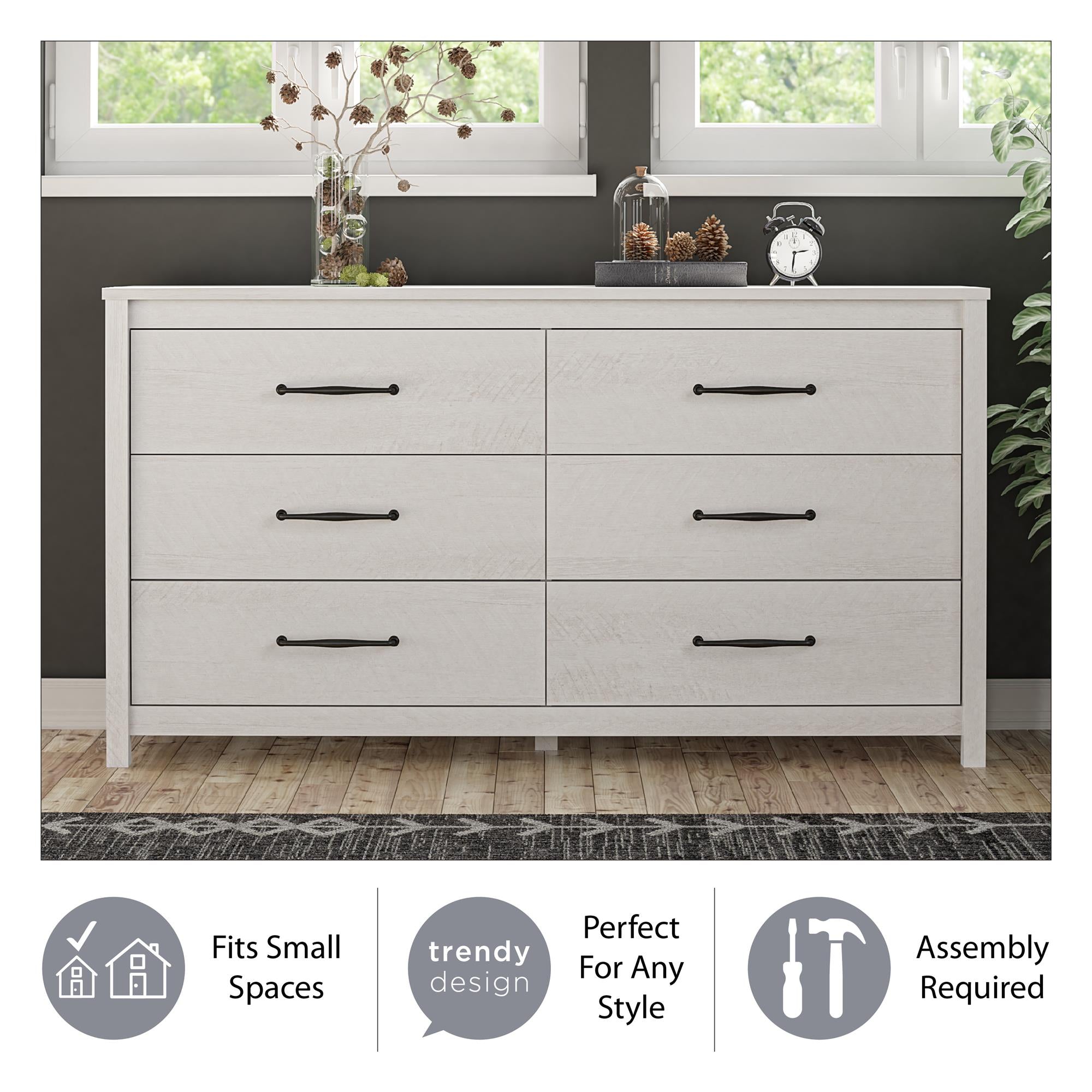 Ameriwood Home Abilene 6 Drawer Wide Dresser, Ivory Oak