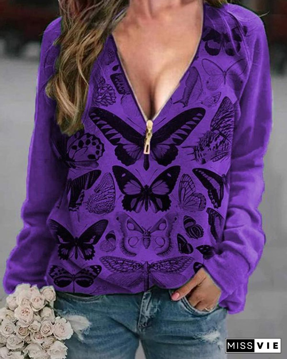 Butterfly Printed V Neck Print Sweatshirt