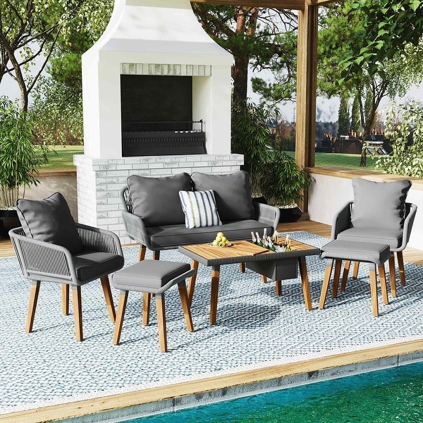 6 PCS Rope Outdoor Patio Furniture Set for 6 with Two Stools，Cool Bar Table Combo