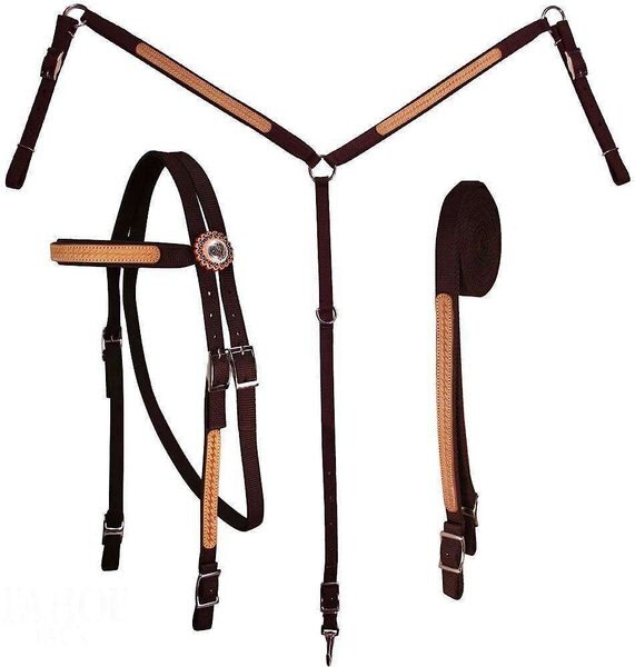 Tahoe Tack Basket Weave Leather Overlay Nylon Horse Headstall， Breast Collar， and Reins Set， Full