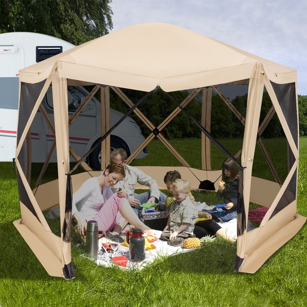 Costway 11 5 X 11 5 Ft 6 sided Pop up Screen House Tent With 2 Wind Panels For Camping Coffee green