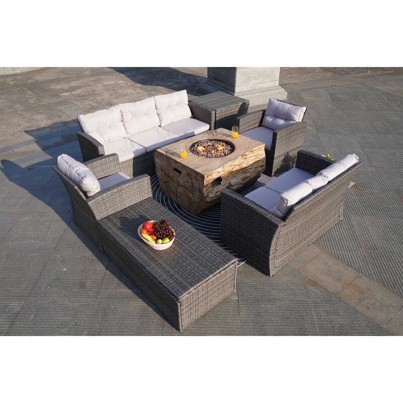 7 Piece Outdoor Wicker Conversation Sofa Set with Fire Pit