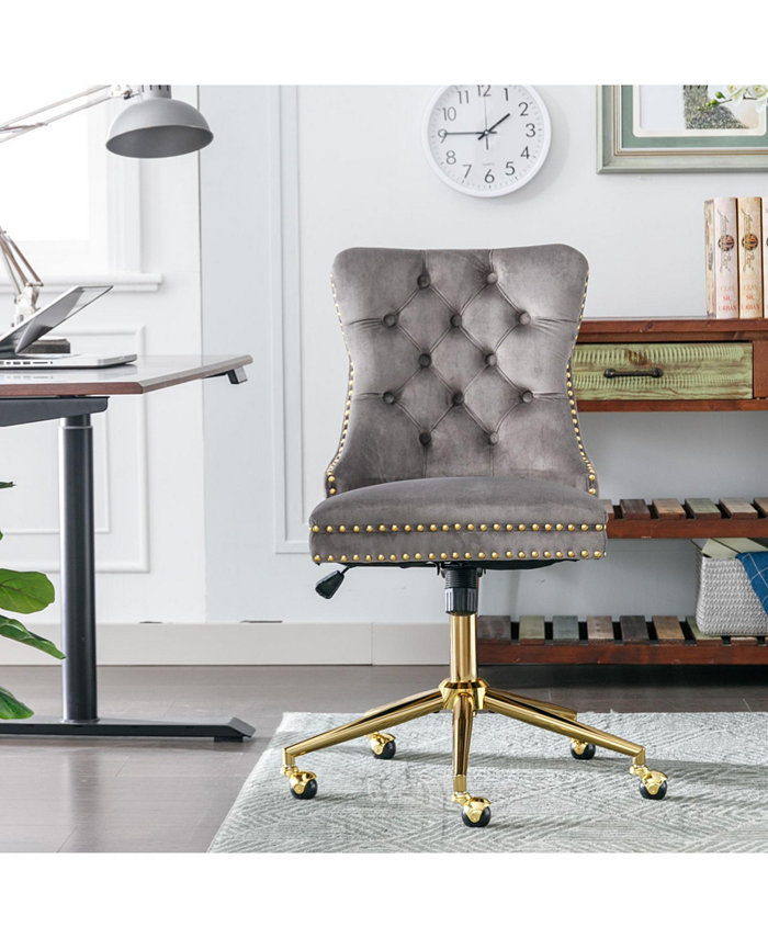 Simplie Fun AandA Furniture Office ChairVelvet Upholstered Tufted Button Home Office Chair with Golden Metal BaseAdjustable Desk Chair Swivel Office Chair (Gray)