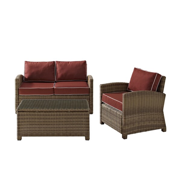 Crosley Bradenton Outdoor Wicker 3Piece Seating Set with Sangria Cushions