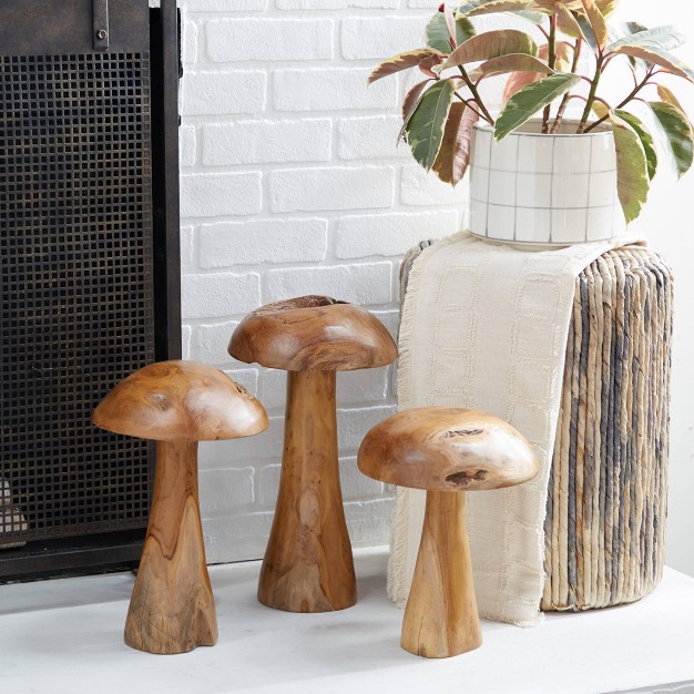 Set Of 3 Teak Wood Mushroom Handmade Live Edge Sculpture With Natural Smooth Finish Brown Olivia amp May