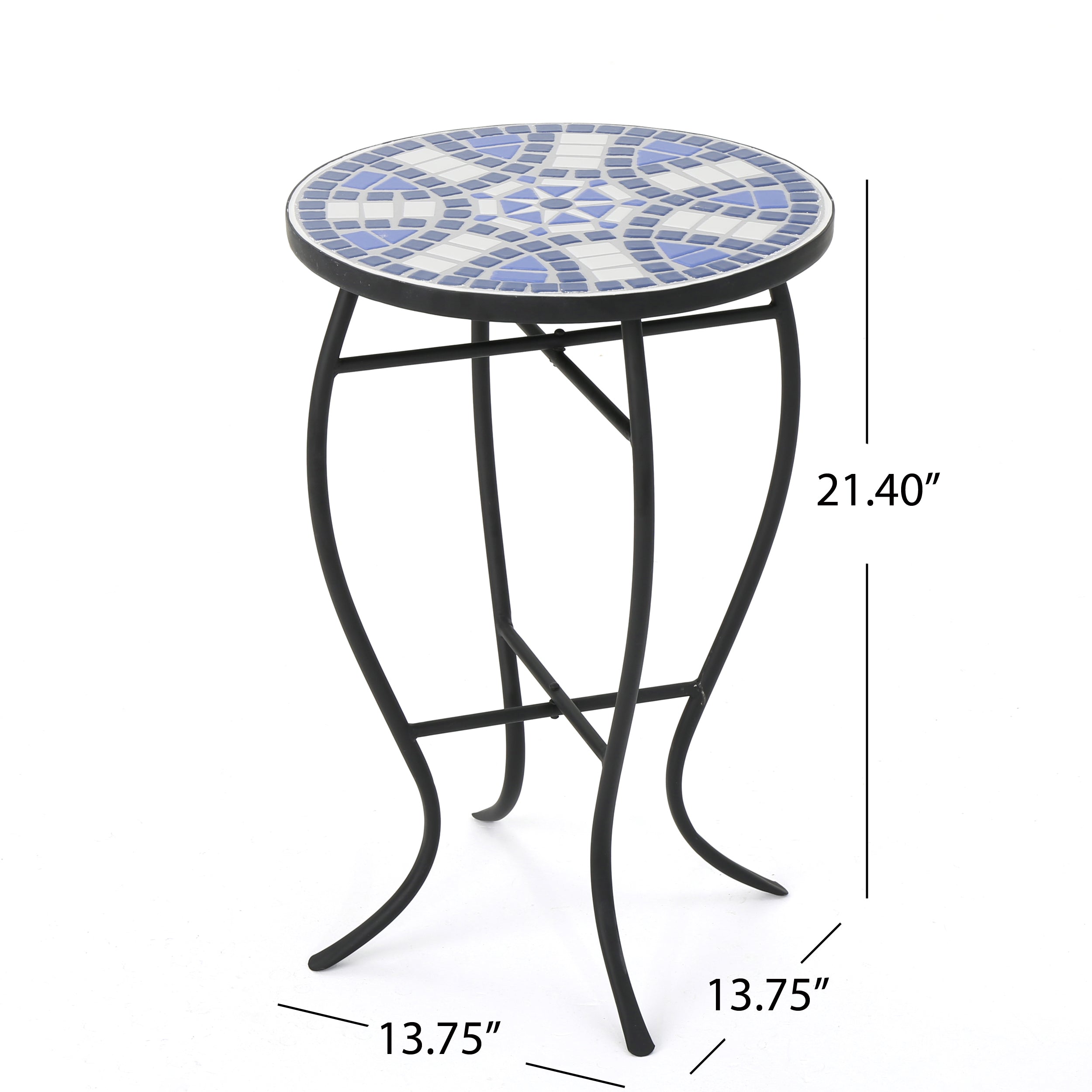 Harington Outdoor Blue & White Ceramic Tile Iron Frame Side Table