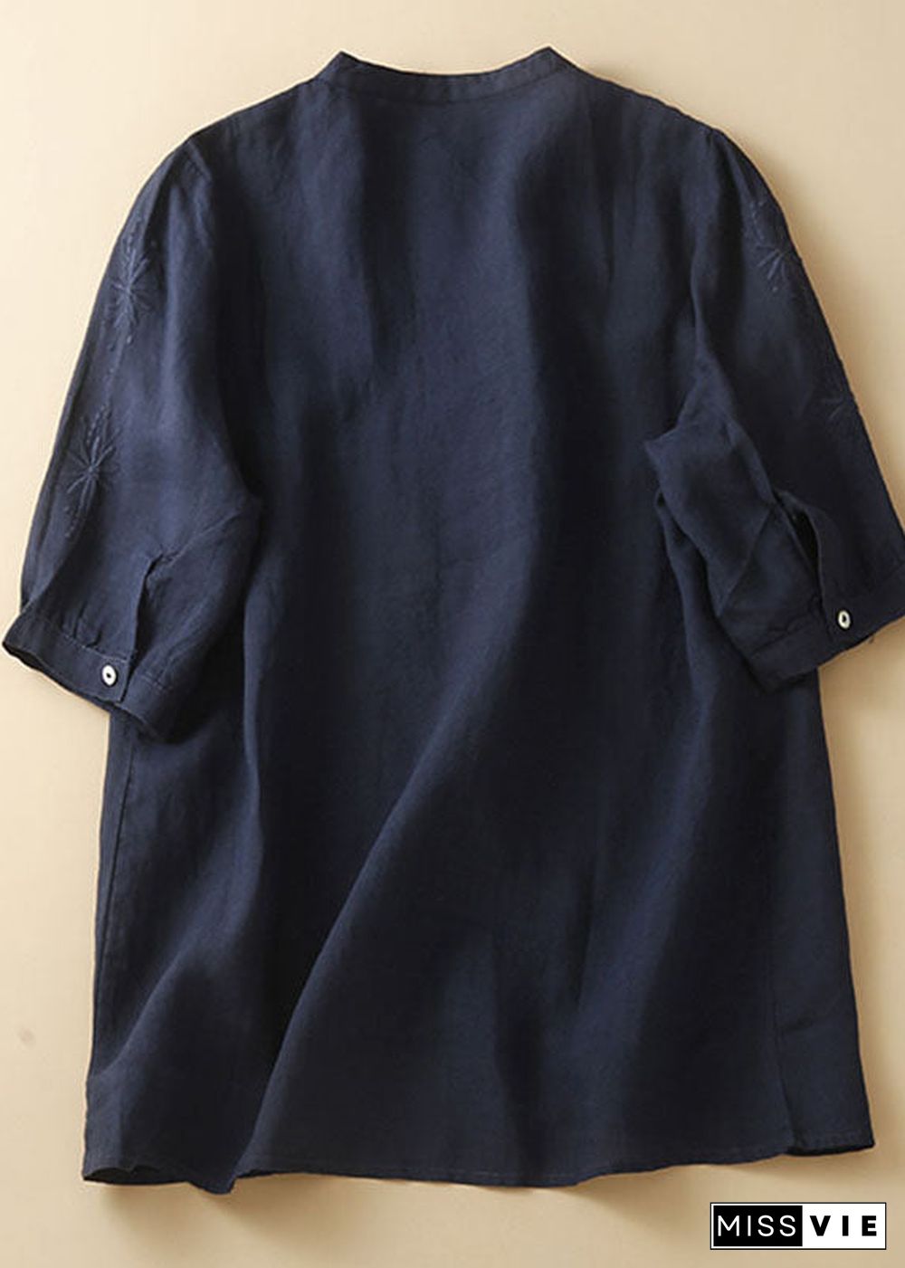 New Navy Embroideried Button Patchwork Linen Shirt Top Summer