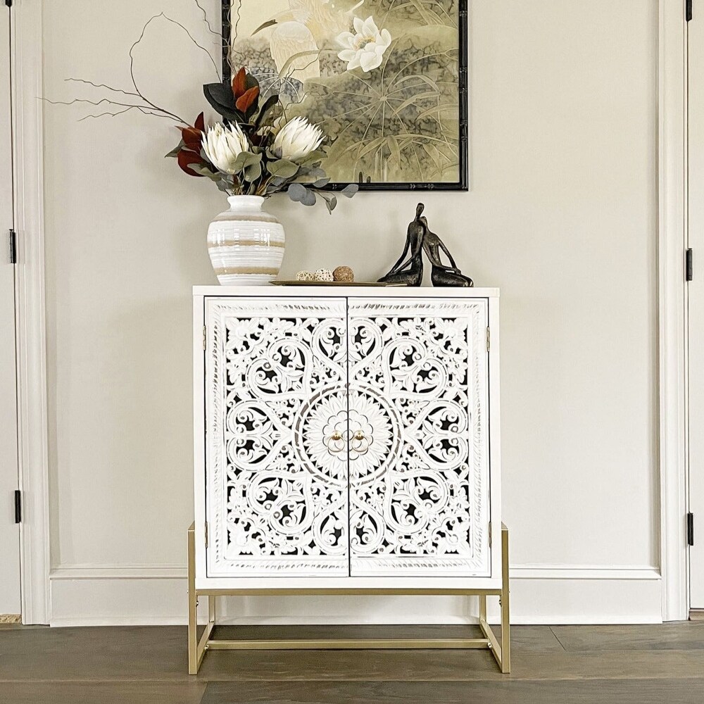 2 Door White Flower Hollow Carved Metal Feet Cabinet