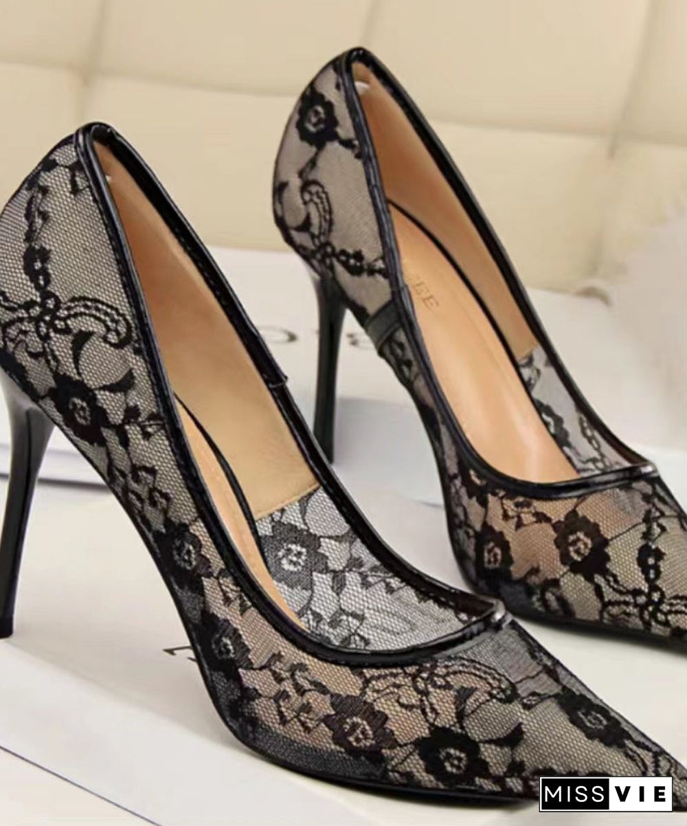 Pointed toe stiletto high heels female lace mesh sexy bed hollow single shoes spring new