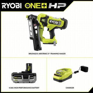 RYOBI ONE+ HP 18V Brushless Cordless AirStrike 21 Framing Nailer Kit with 4.0 Ah Battery and Charger PBL345KN