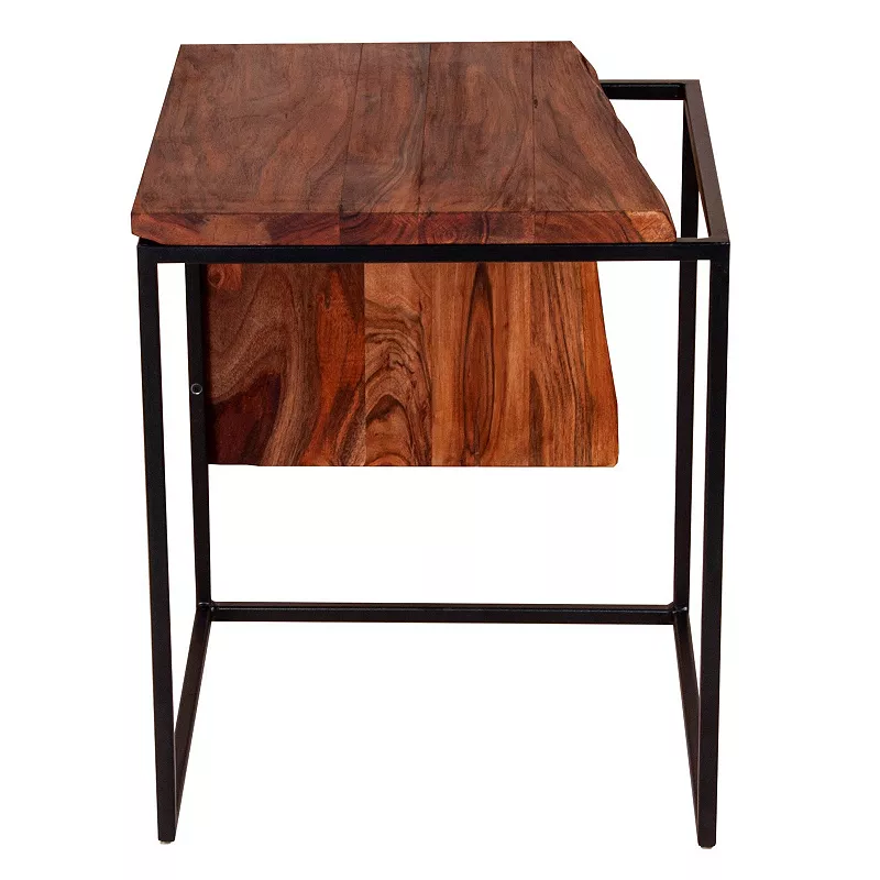 21 Inch Solid Acacia Wood Accent End Side Table， Live Edge， Metal Frame， Brown， Black