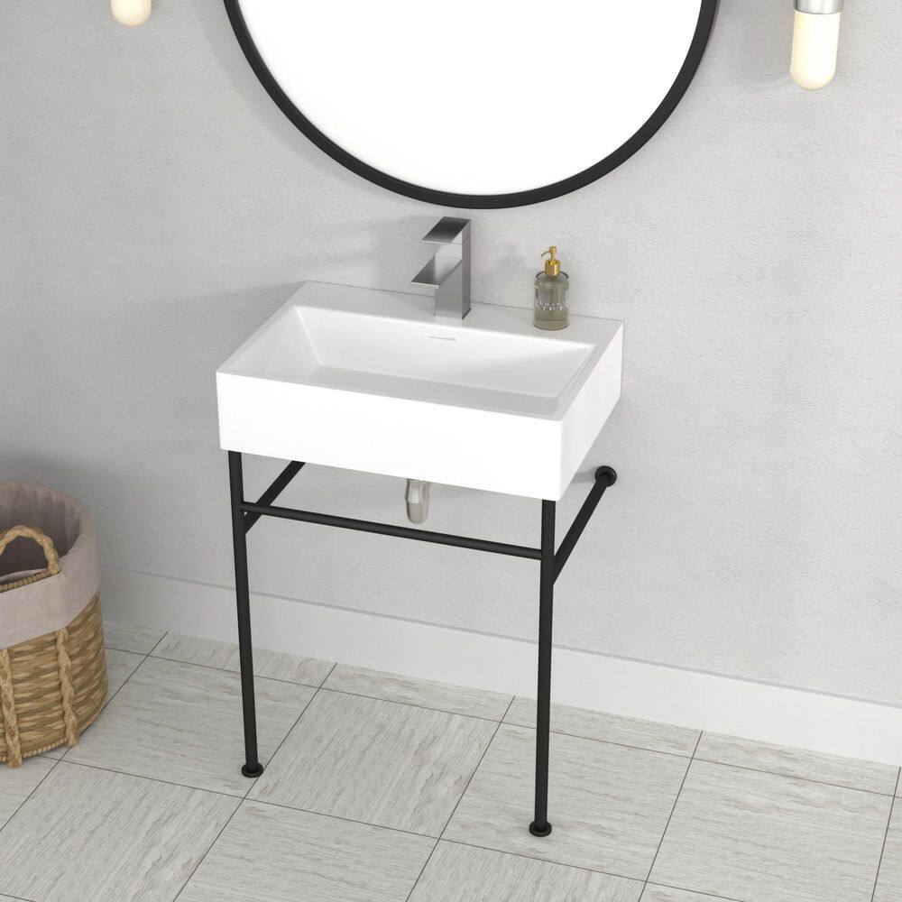 Logmey 24 in. Ceramic White Single Bowl Console Sink Basin and Legs Combo with Overflow and Black Metal Leg LMZJP24B17