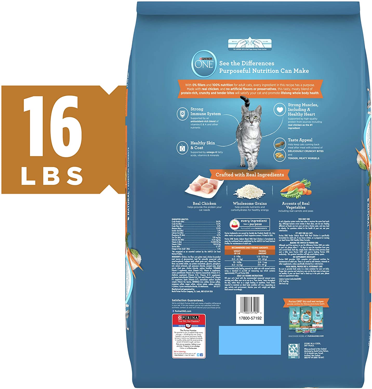 Purina ONE Natural Dry Cat Food， Tender Selects Blend With Real Chicken - 16 lb. Bag