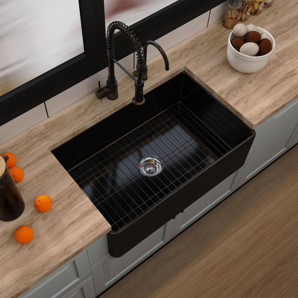 FAMYYT Black Fireclay 33 in. Single Bowl Farmhouse Apron Workstation Kitchen Sink with Bottom Grid and Drain XJ-1432BK-L