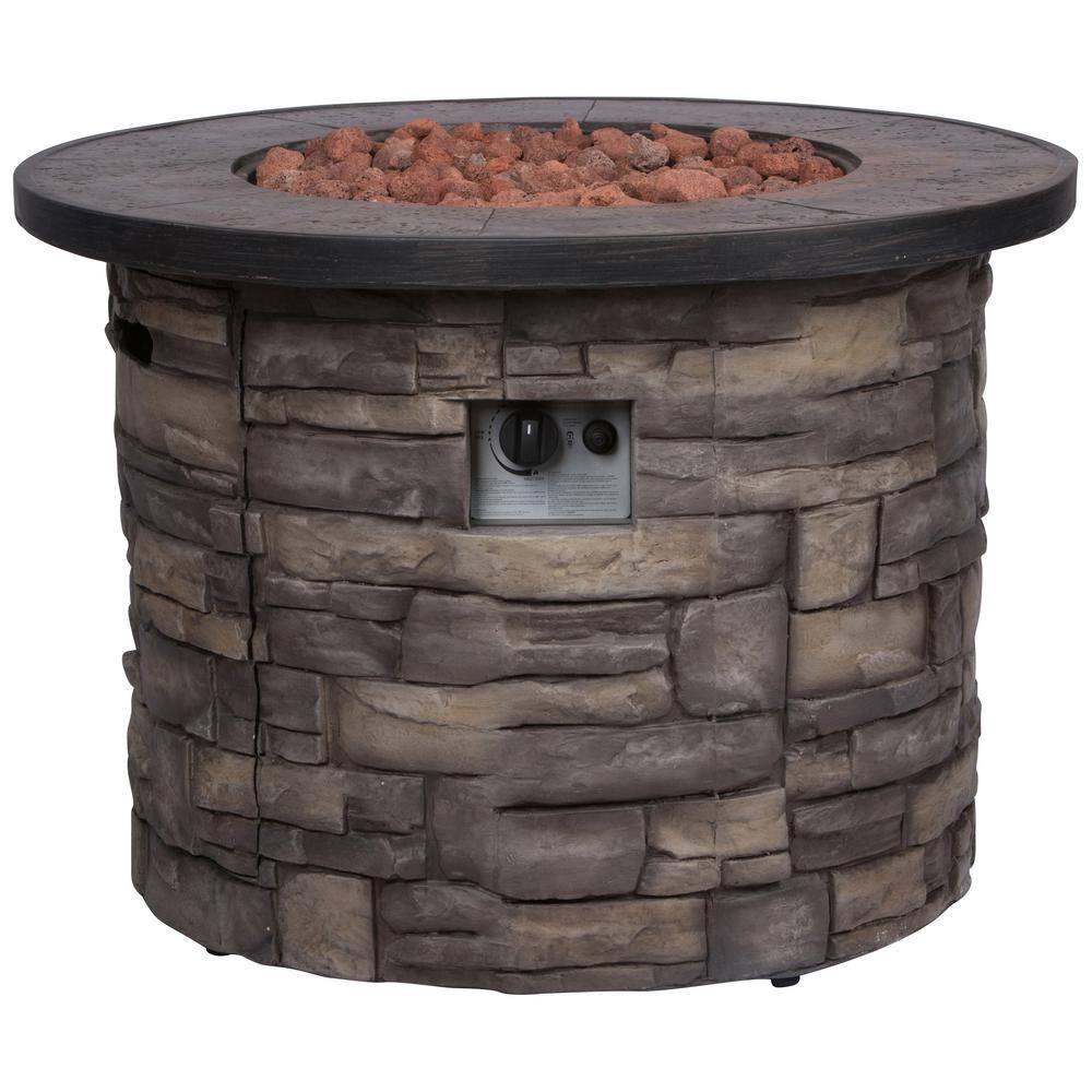 Shine Company Sevilla Round Outdoor Propane Gas Stone Fire Pit Table with Lava Rock 35 in. Dia 6101SC