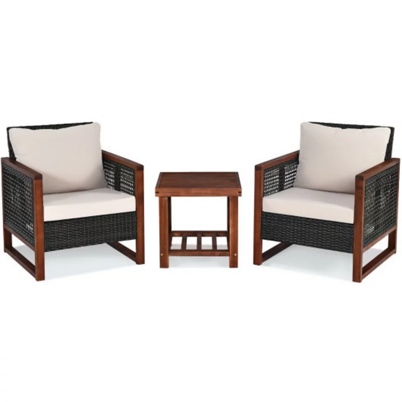 3 Pieces Patio Wicker Furniture Set with Washable Cushion and Acacia Wood Coffee Table