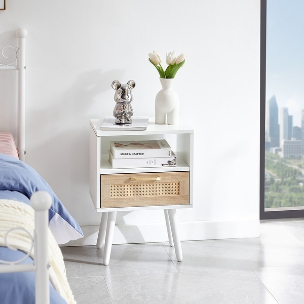 Rattan End table with drawer and solid wood legs